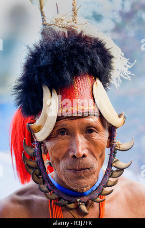 Naga tribal man in traditional outfit, Kisima Nagaland Hornbill festival, Kohima, Nagaland, India Stock Photo