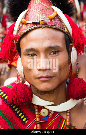 Naga tribal man in traditional outfit, Kisima Nagaland Hornbill festival, Kohima, Nagaland, India Stock Photo