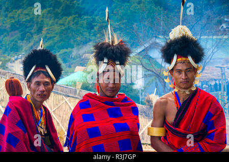 Naga tribal men in traditional clothing, Kisima Nagaland Hornbill festival, Kohima, Nagaland, India Stock Photo