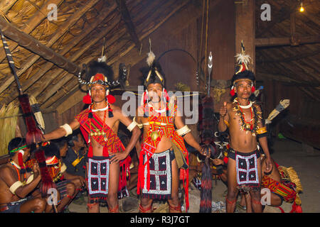 Naga tribal men in traditional clothing, Kisima Nagaland Hornbill festival, Kohima, Nagaland, India Stock Photo