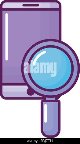 cellphone and magnfiying glass over white background, vector illustration Stock Vector