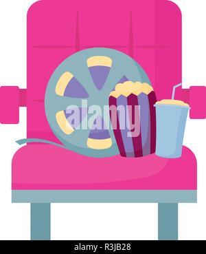 cinema chair with film reel and pop corn icon over white background, vector illustration Stock Vector