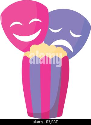 theatre faces masks and pop corn over white background, vector illustration Stock Vector