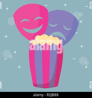 theatre faces masks and pop corn over gray background, vector illustration Stock Vector