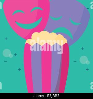 theatre faces masks and pop corn over turquoise background, vector illustration Stock Vector