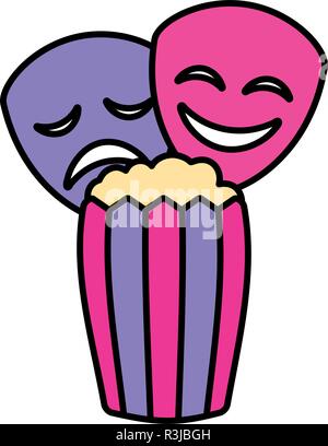 theatre faces masks and pop corn over white background, vector illustration Stock Vector