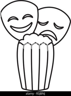 theatre faces masks and pop corn over white background, vector illustration Stock Vector