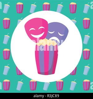 theatre faces masks and pop corn over pop corns background, vector illustration Stock Vector
