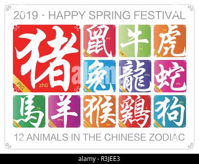Vector Chinese zodiac signs with the year of the pig in 2019 Stock Vector