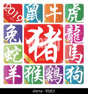 Vector Chinese zodiac signs with the year of the pig in 2019 Stock Vector