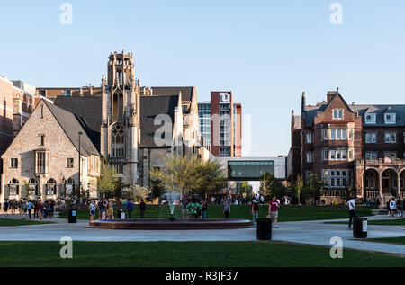 MADISON, WISCONSIN - MAY 07, 2018: People near the Hagenah Fountain at the Library Mall outdoor area of the University of Wisconsin. Stock Photo