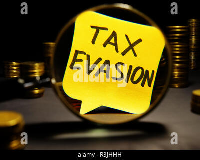 Magnifying glass and words tax evasion with money. Stock Photo