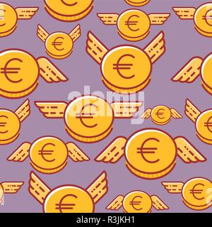 Euro coins with wings, seamless vector pattern, flat line design style. Stock Vector