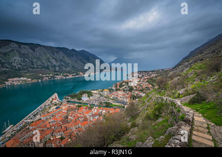 Stony trail and steps leading to the Kotor fortress above Kotor town, Montenegro Stock Photo