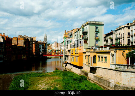 Colorful Houses in Onyar River - Girona - Spain Stock Photo