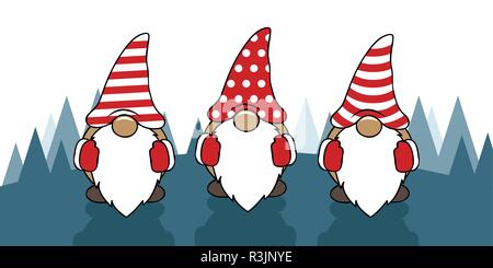 three cute christmas gnomes with funny caps cartoon vector illustration EPS10 Stock Vector