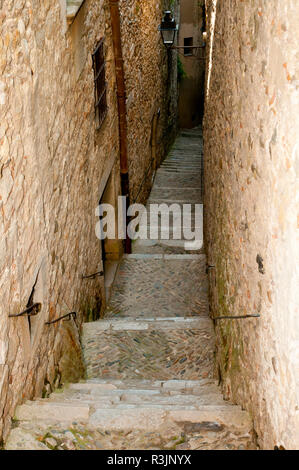 Narrow Cobble Street - Girona - Spain Stock Photo