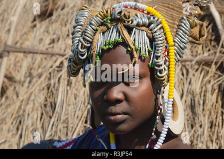 Mursi tribe, people in traditional clothing, Mursi Village, South Omo, Ethiopia Stock Photo