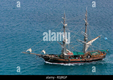 Brig Unicorn tourist ship in Rodney Bay, St Lucia.  This ship featured as The Henrietta in The Curse Of The Black Pearl Stock Photo