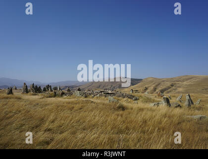 Sisian Zorats Karer Stonehenge Rocks in Summer with Landscape View Stock Photo