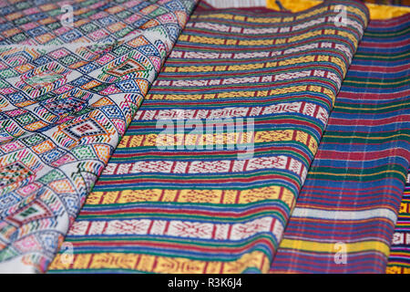Bhutan. Display of traditional Bhutanese handmade textiles. Stock Photo