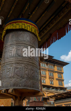 Bhutan, Thimphu, capital of Bhutan. Five-star luxury hotel, Taj Tashi Hotel, located in downtown Thimphu. Back courtyard prayer wheel. Stock Photo