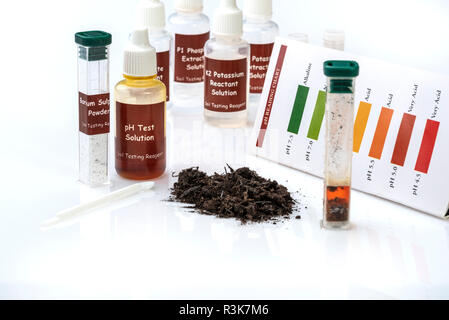Soil Testing Kit with chemicals for testing potassium, nitrogen, phosphorus and acidity levels in soil. Showing PH or acid levels test. Stock Photo