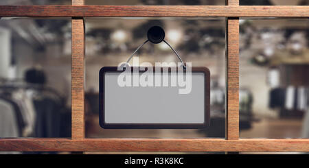 Blank sign with wooden frame hanging on glass storefront, space for text. 3d illustration Stock Photo