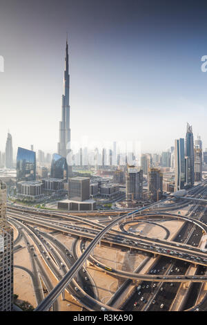UAE, Downtown Dubai. Elevated view over Sheikh Zayed Road and Burj Khalifa Tower, world's tallest building, 2016 Stock Photo