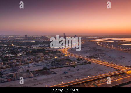 UAE, Downtown Dubai. Elevated desert and highway view towards Ras Al Khor