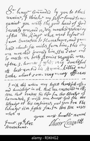 A letter from announcing victory at the Battle of Naseby by Oliver Cromwell to William Lenthall, an English politician who served as Speaker of the House of Commons. The battle was a decisive engagement of the English Civil War, fought on 14 June 1645 between the main Royalist army of King Charles I and the Parliamentarian New Model Army, commanded by Sir Thomas Fairfax and Oliver Cromwell. King Charles I lost the bulk of his veteran infantry and officers, artillery and stores, his personal baggage and many arms, ensuring the Royalists would never again field an army of comparable quality. Stock Photo