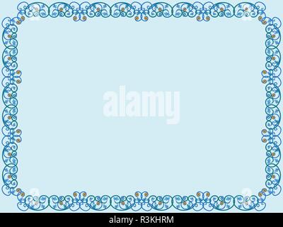 Decorative floral frame with flowers and with interwoven lines of Victorian style in blue hues, vector as an element of design Stock Vector