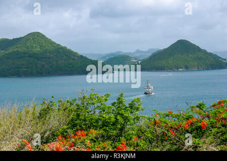 Brig Unicorn tourist ship in Rodney Bay, St Lucia.  This ship featured as The Henrietta in The Curse Of The Black Pearl Stock Photo