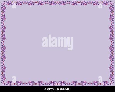 Decorative floral frame with contrast flowers and leaves of Victorian style in purple hues on the mute violet background, vector as an element of desi Stock Vector