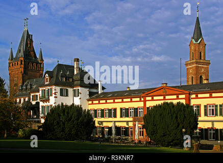 castle park with the town hall and lawrence church tower in weinheim Stock Photo