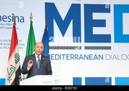 Rome, Italy. 22nd Nov, 2018. Iraqi President Barham Salih delivers a speech at the 4th annual Mediterranean Dialogues Conference (MED) which kicked off Thursday in Rome, Italy, Nov. 22, 2018. Credit: Cheng Tingting/Xinhua/Alamy Live News Stock Photo