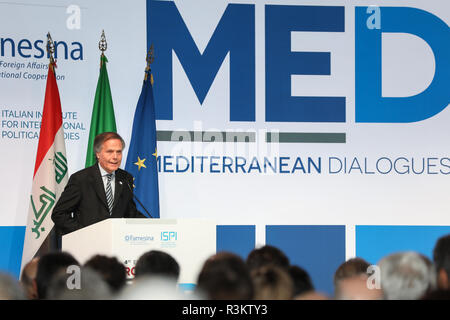 Rome, Italy. 22nd Nov, 2018. Italian Foreign Minister Enzo Moavero Milanesi delivers a speech at the 4th annual Mediterranean Dialogues Conference (MED) which kicked off Thursday in Rome, Italy, Nov. 22, 2018. Credit: Cheng Tingting/Xinhua/Alamy Live News Stock Photo