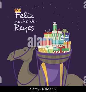 Happy epiphany day. Camel transporting gifts in the night. Vector illustration Stock Vector