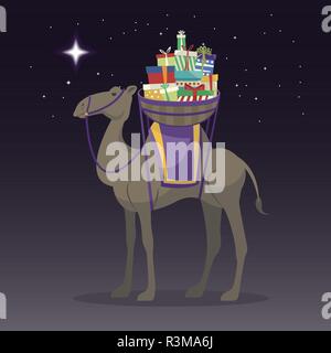 Happy epiphany day. Camel transporting gifts on three kings day. Vector illustration Stock Vector