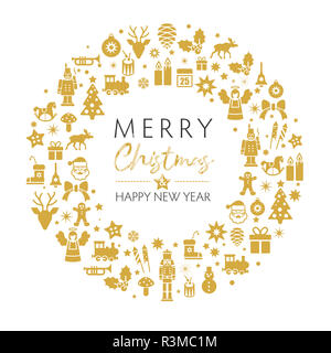 merry christmas and happy new year greeting card with golden christmas symbols on white background. Vintage typography design for xmas, new year emble Stock Photo