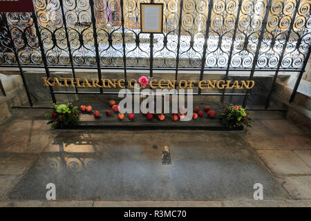 Katherine of Aragon Grave, Interior of Peterborough City Cathedral, Cambridgeshire; England; Britain; UK Stock Photo