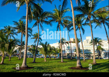 MIAMI - CIRCA SEPTEMBER, 2018: The palm trees of Lummus Park cast shadows on the Art Deco buildings of Ocean Drive in South Beach. Stock Photo