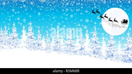 Santa in sleigh with deers on the background of the moon, the winter forest and snowflakes. Stock Vector