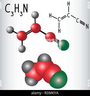 Acrylonitrile molecule - structural chemical formula and model. Used in the production polyacrylonitrile (PAN) and ABS plastic.Vector illustration Stock Vector