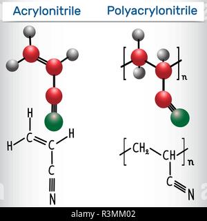 Acrylonitrile and polyacrylonitrile (PAN) polymer molecule - structural chemical formula and model. Vector illustration Stock Vector