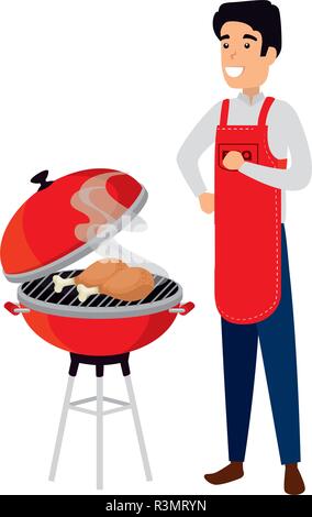man with bbq apron and grill Stock Vector