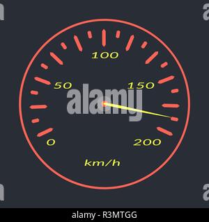 Car speedometer with red and yellow illumination. Flat Isolated vector on dark background Stock Vector