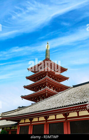 Tokyo, Japan. Five story Asakusa Pagoda towers over the Senso-Ji temple complex Stock Photo