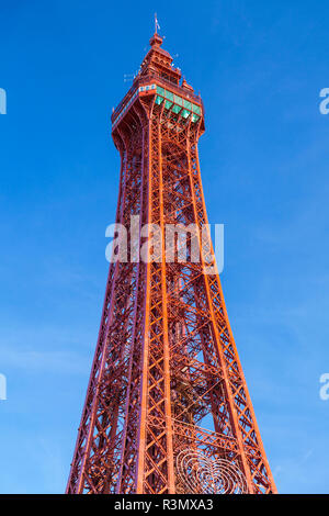 Blackpool tower close up view against blue sky Blackpool Lancashire England GB UK Europe Stock Photo