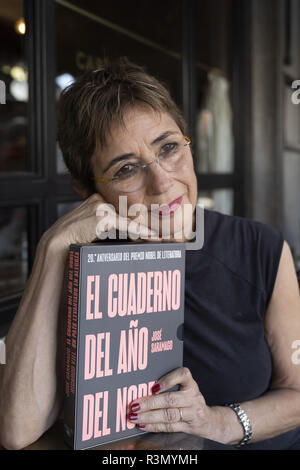 Pilar del Rio poses with the unpublished book by José Saramago, 'The Notebook of the Nobel Year' in Madrid, Spain  Featuring: Pilar del Rio Where: Madrid, Spain When: 23 Oct 2018 Credit: Oscar Gonzalez/WENN.com Stock Photo